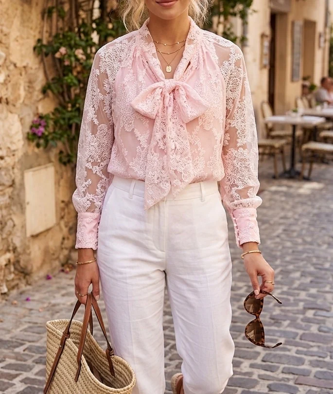 Alice Lace Bow Blouse - Pink - Image 2