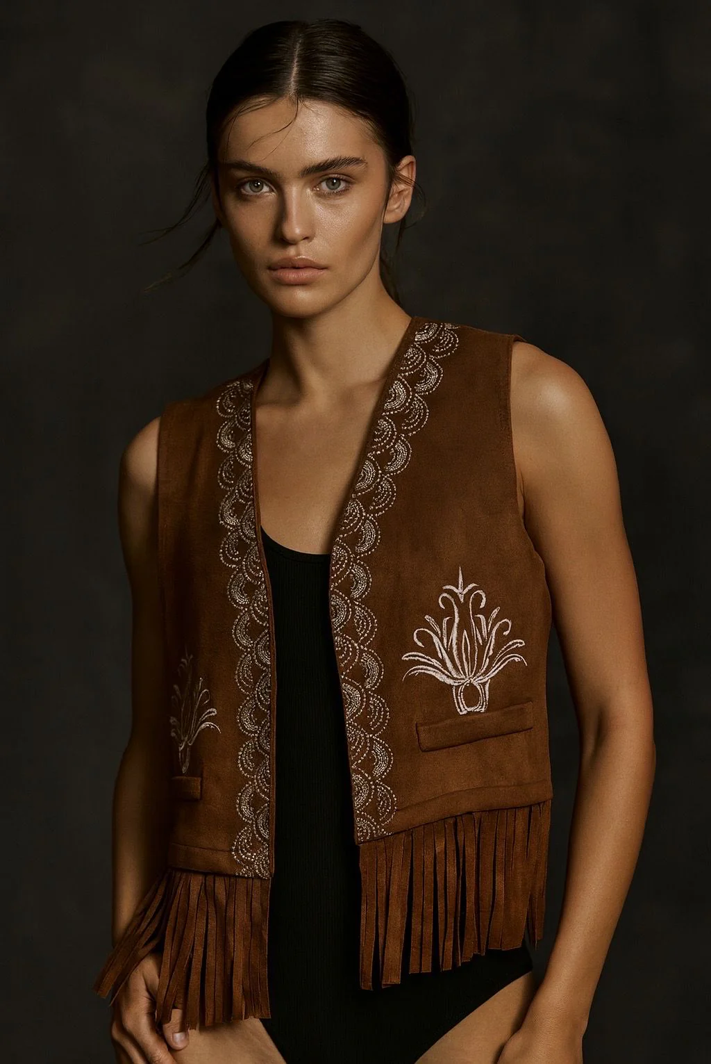 Amber Fringe Suede Gilet - Brown