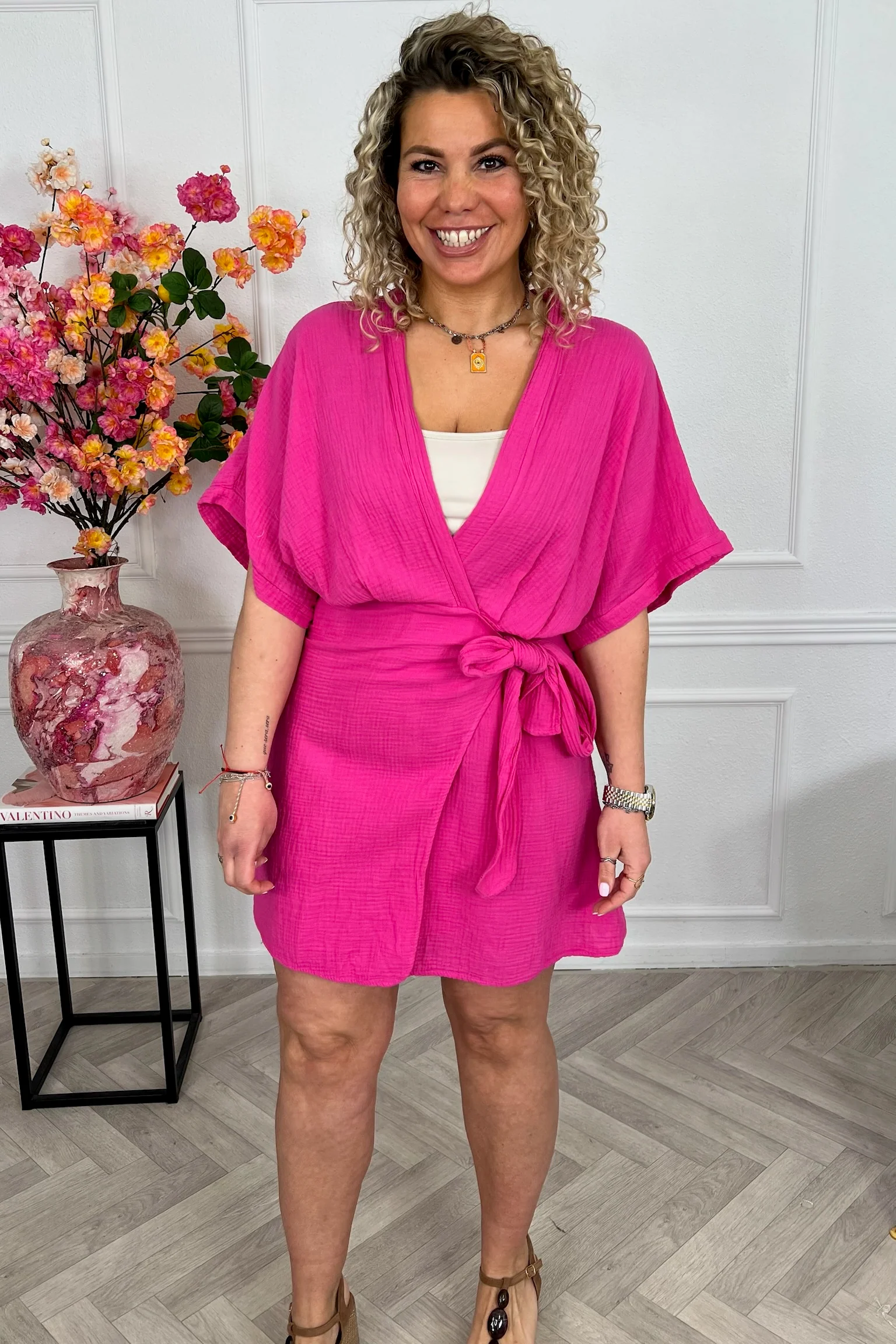 Aruba Short Sleeve Mousseline Dress - Fuchsia - Image 5