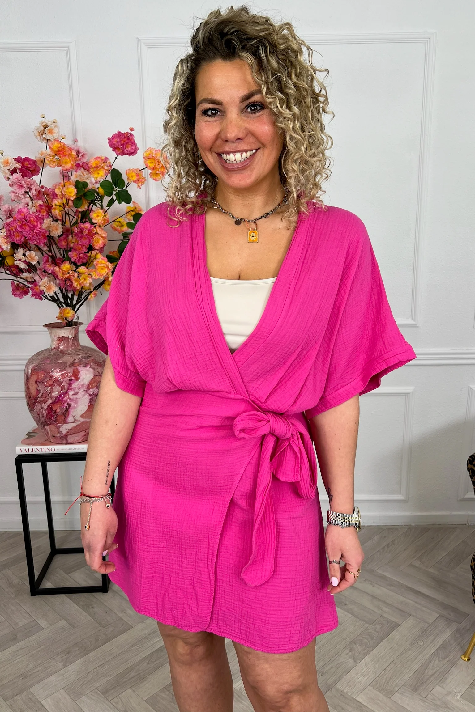 Aruba Short Sleeve Mousseline Dress - Fuchsia - Image 6