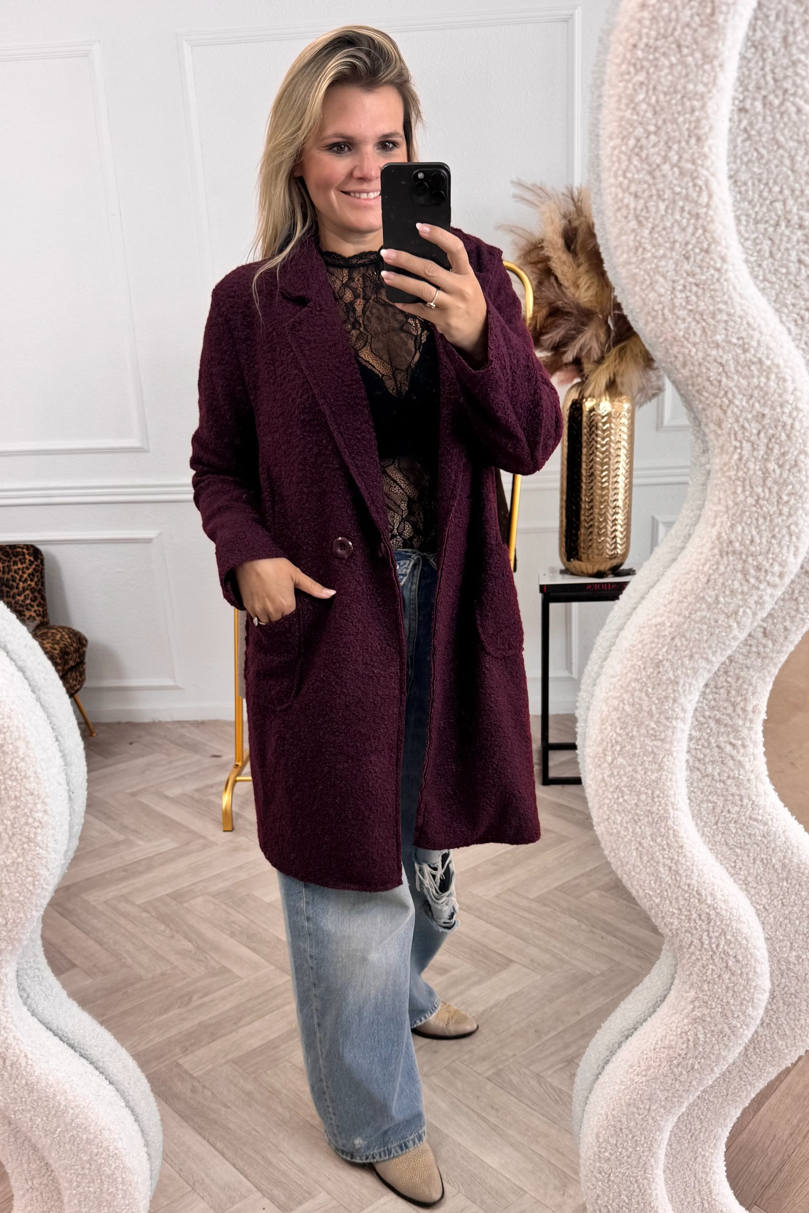 Autumn Teddy Coat - Burgundy - Image 4