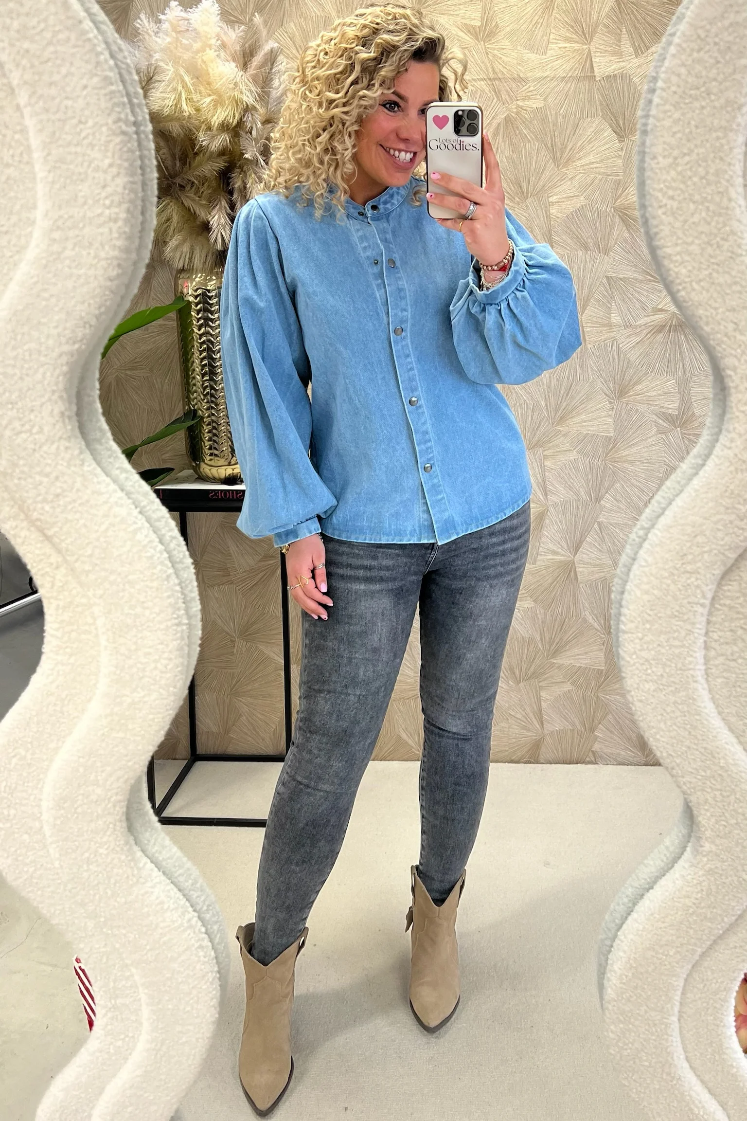 Balloon Sleeve Denim Blouse - Light Blue