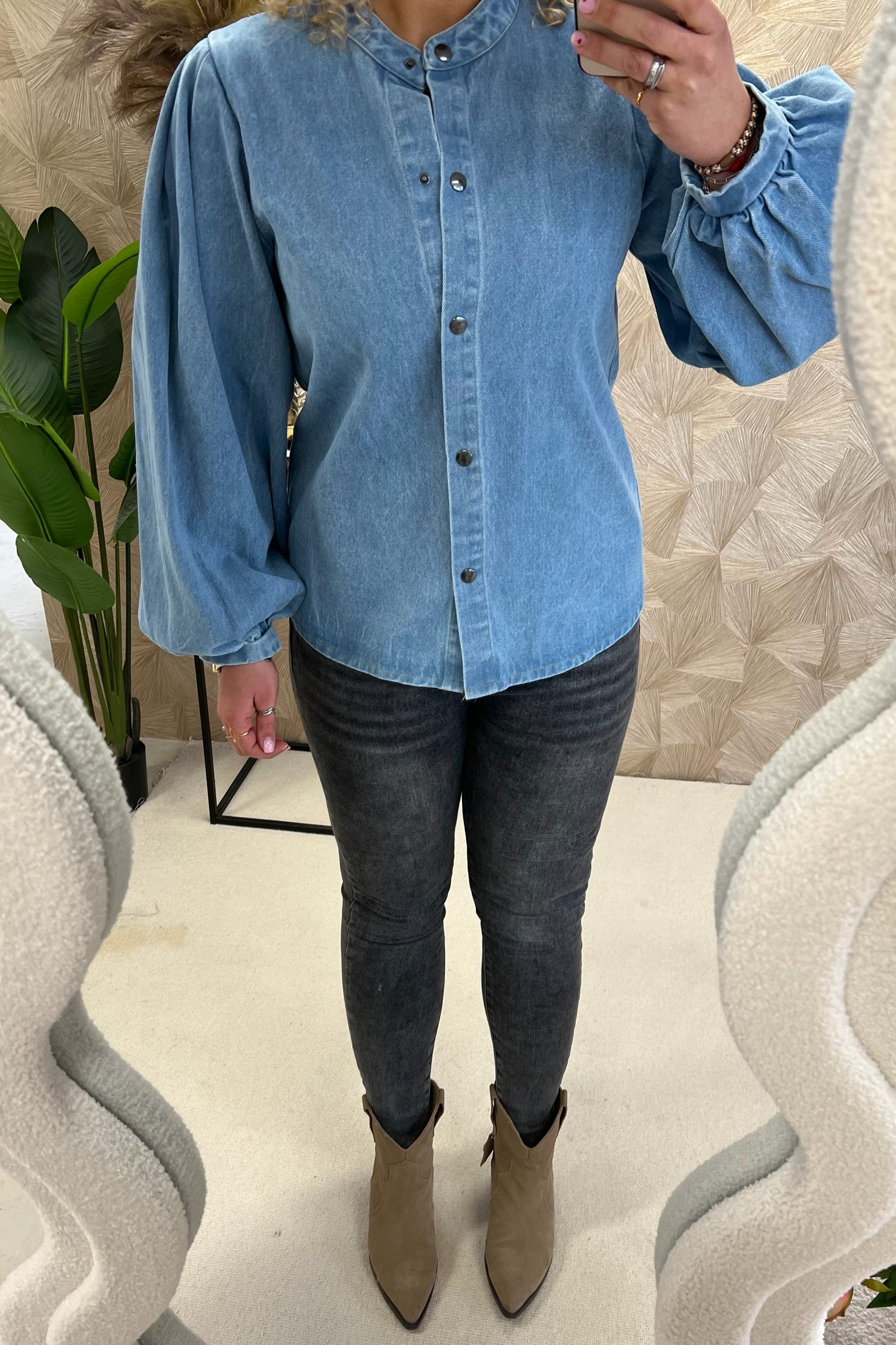 Balloon Sleeve Denim Blouse - Light Blue - Image 2