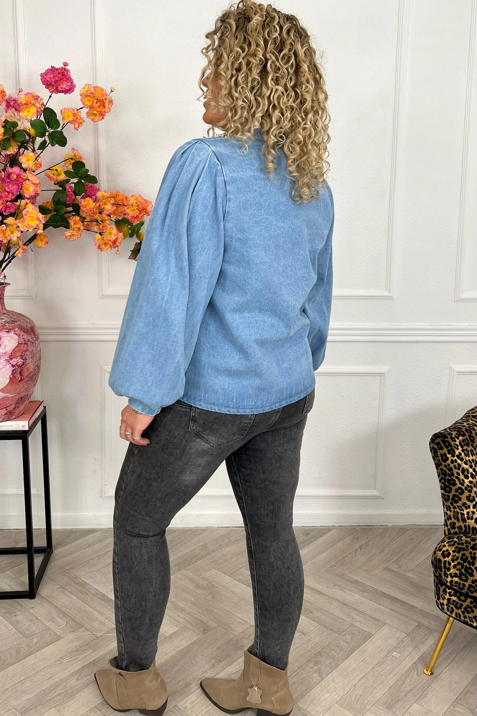 Balloon Sleeve Denim Blouse - Light Blue - Image 3