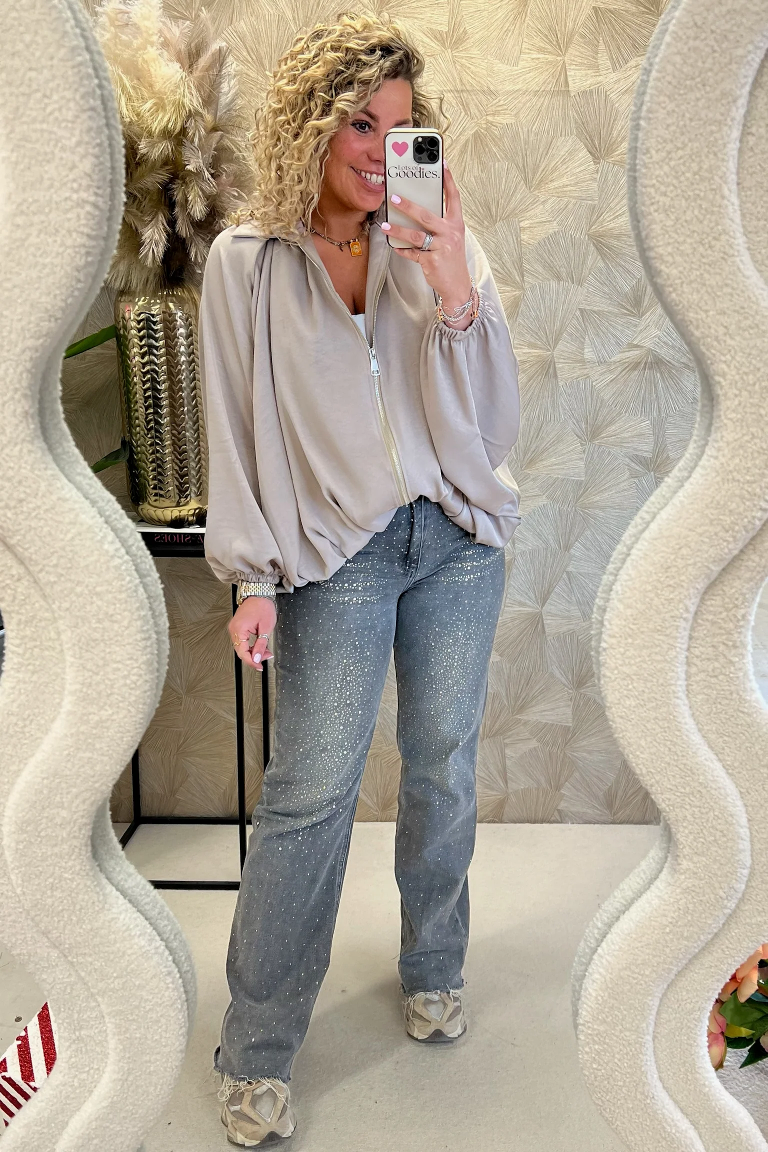 Balloon Sleeve Silky Jacket - Beige - Image 6