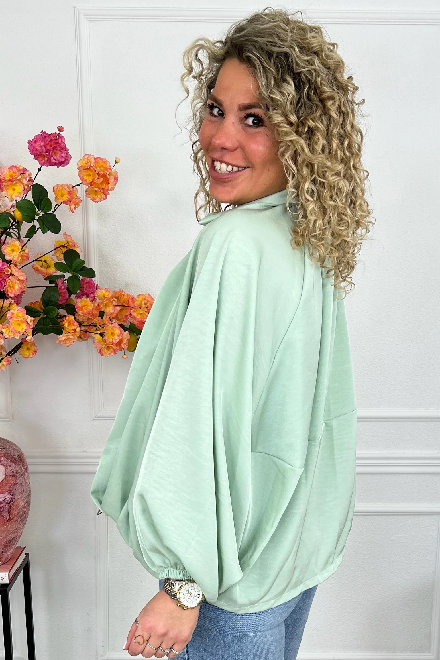 Balloon Sleeve Silky Jacket - Green - Image 2