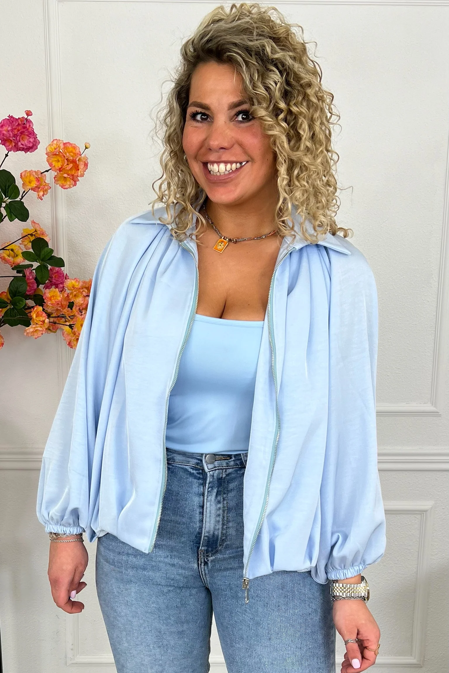 Balloon Sleeve Silky Jacket - Light Blue - Image 2