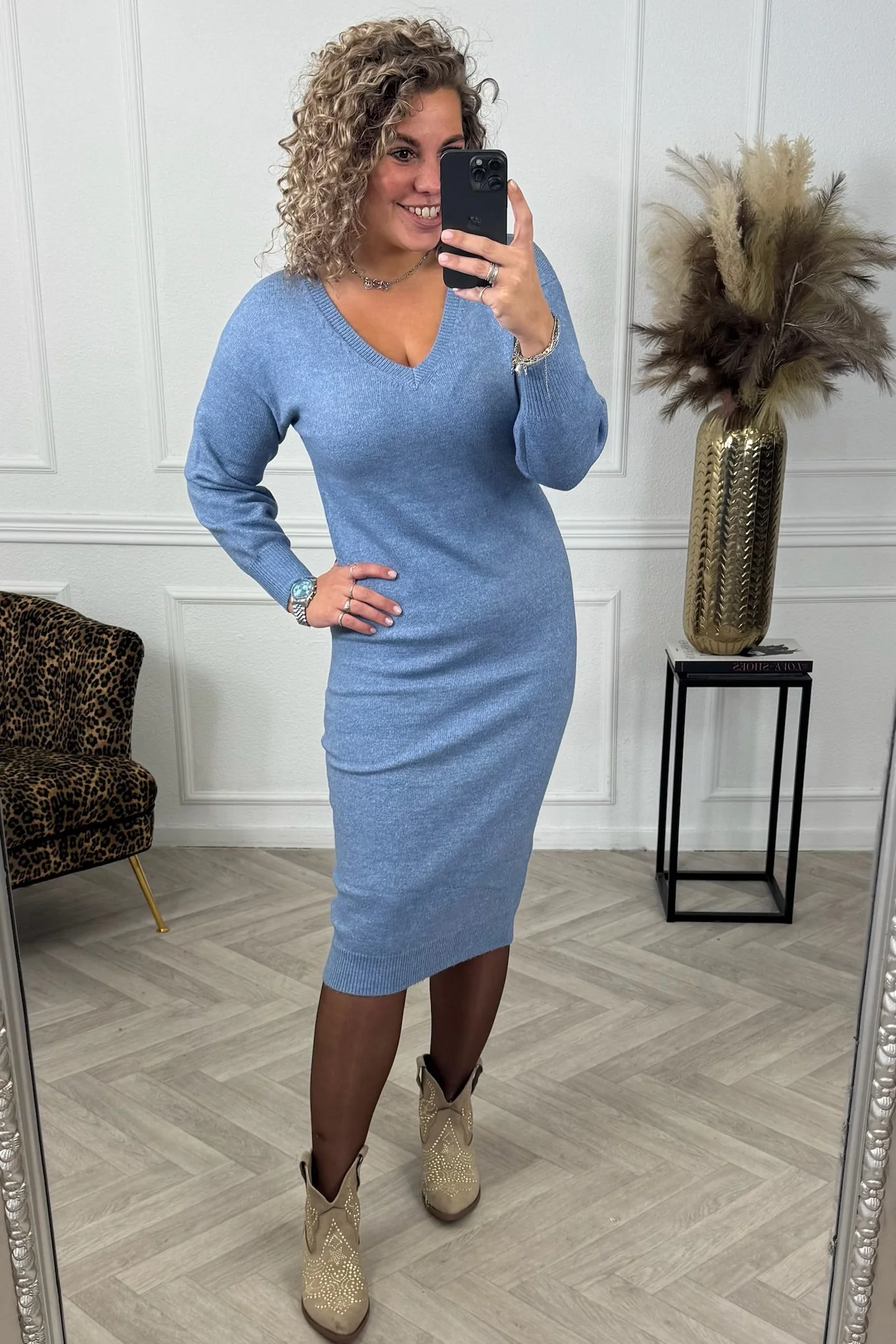 Balloon Sleeve Sweater Dress - Denim