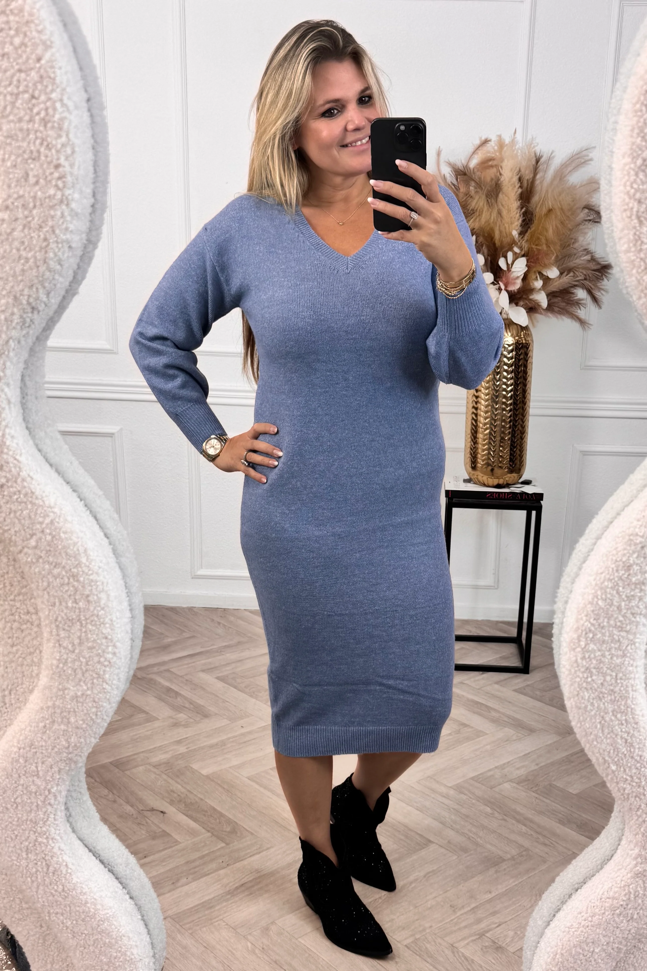 Balloon Sleeve Sweater Dress - Denim - Image 2