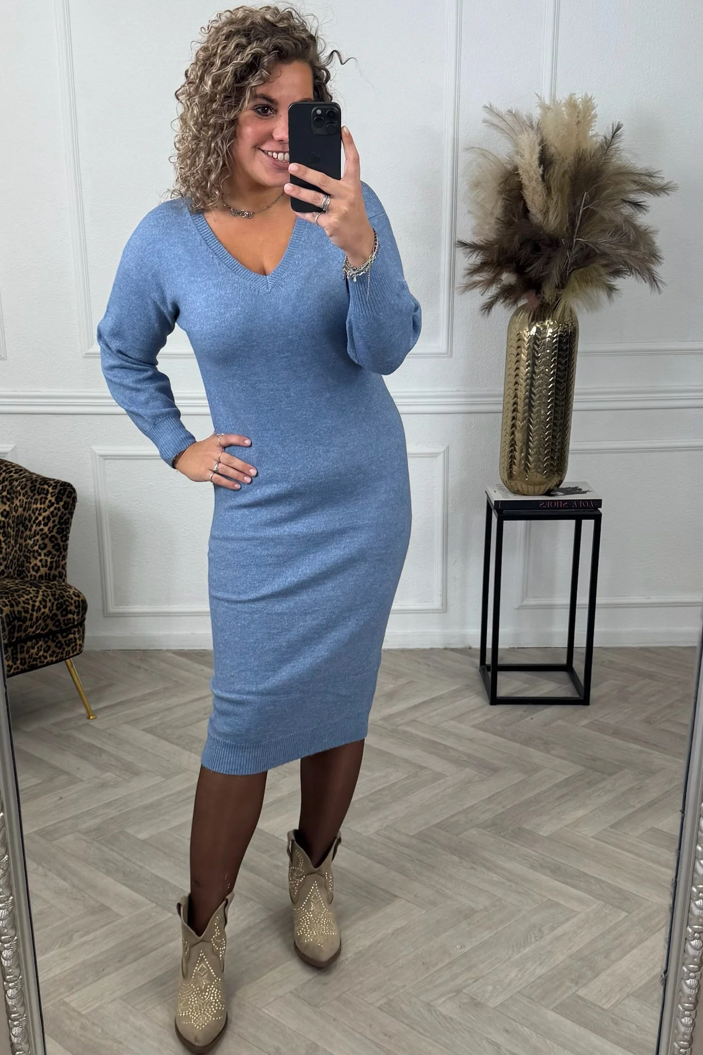 Balloon Sleeve Sweater Dress - Denim - Image 3