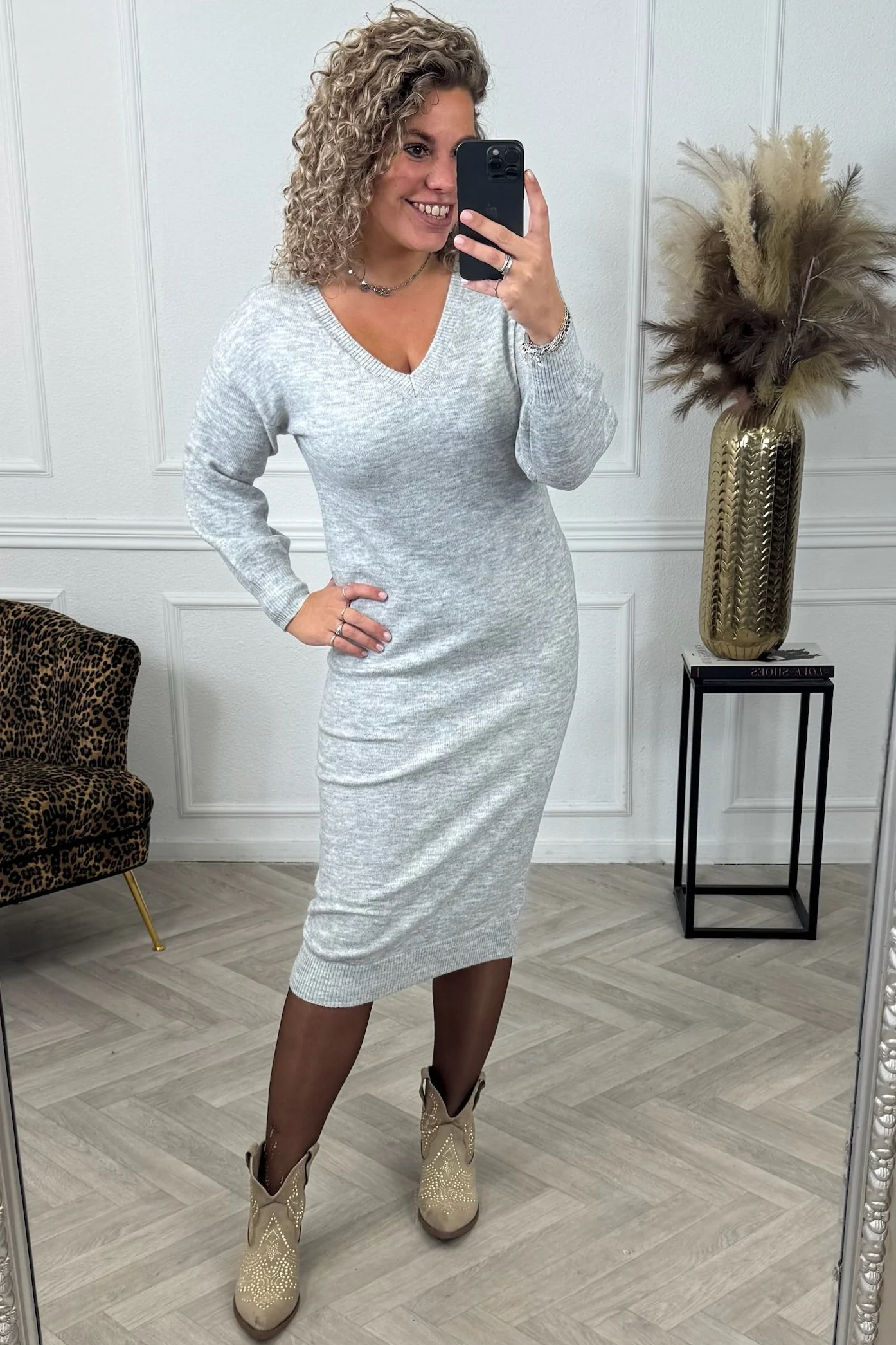 Balloon Sleeve Sweater Dress - Grey