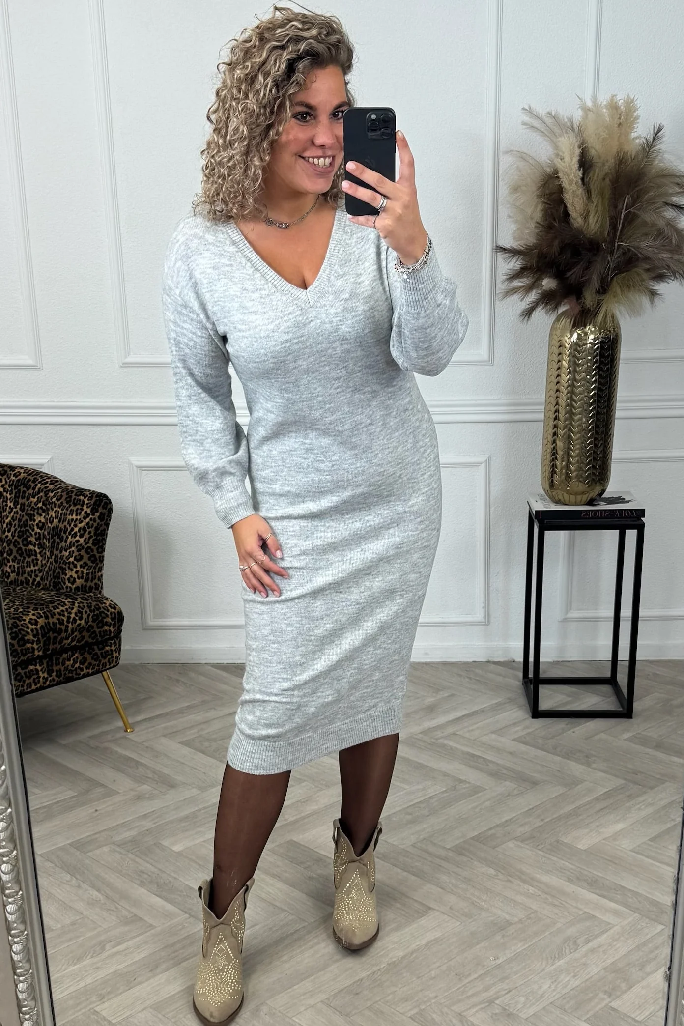 Balloon Sleeve Sweater Dress - Grey - Image 4