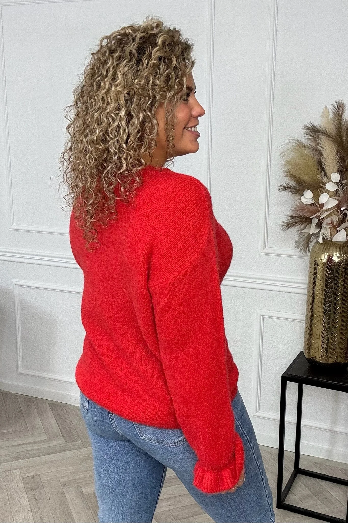 Basic Knitted Ruffle Sweater - Red - Image 3
