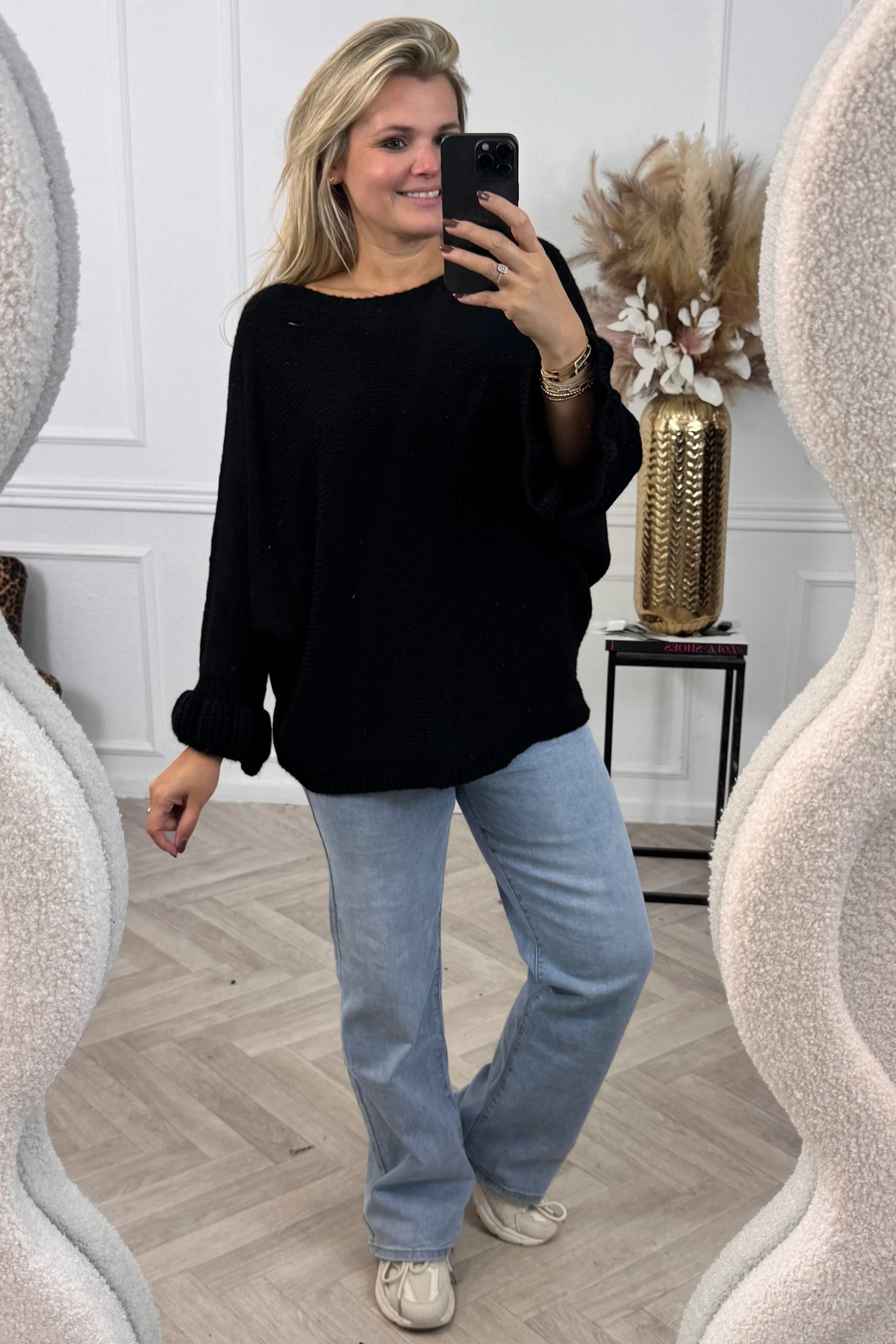 Bat Sleeve Ruffle Sweater - Black