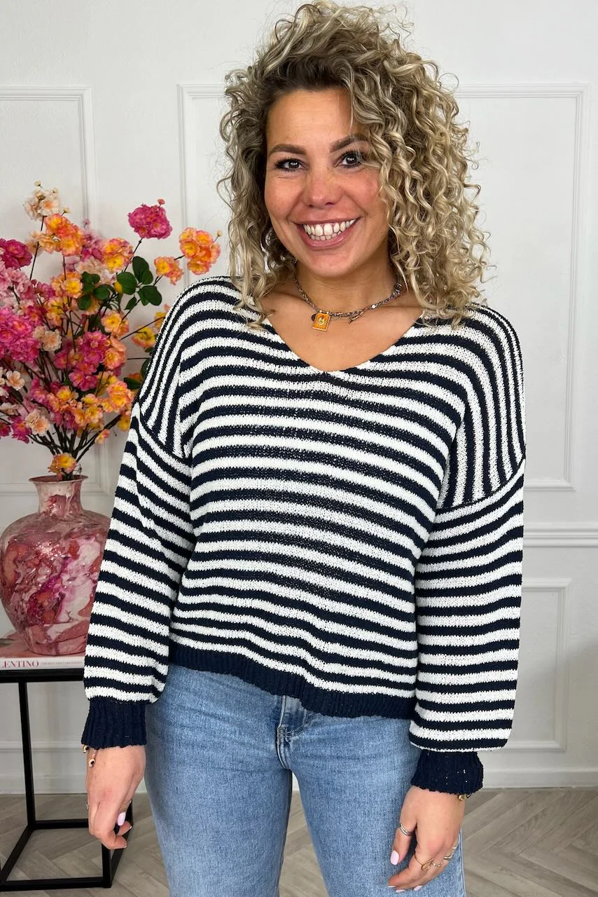 Belle Cotton Striped Sweater - Navy/White - Image 3