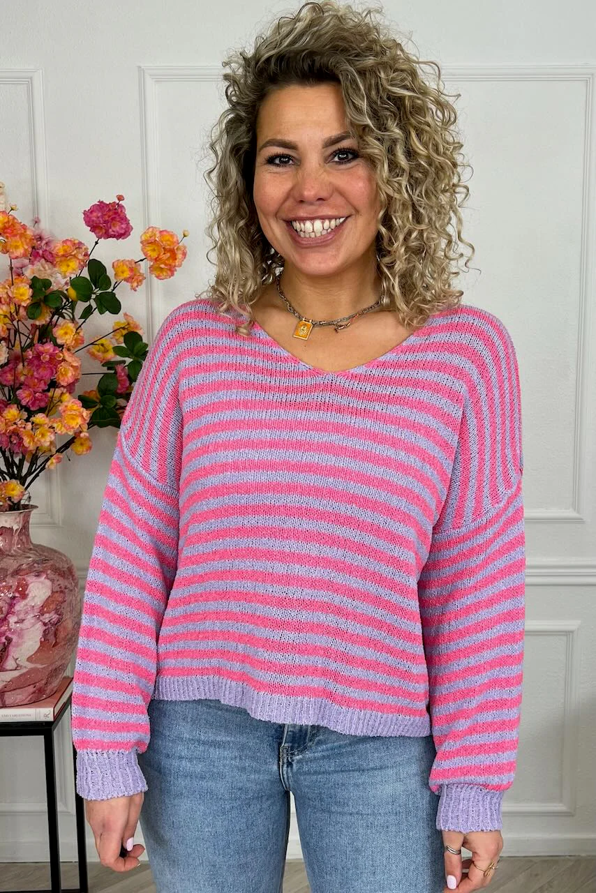 Belle Cotton Striped Sweater - Fuchsia/Lila