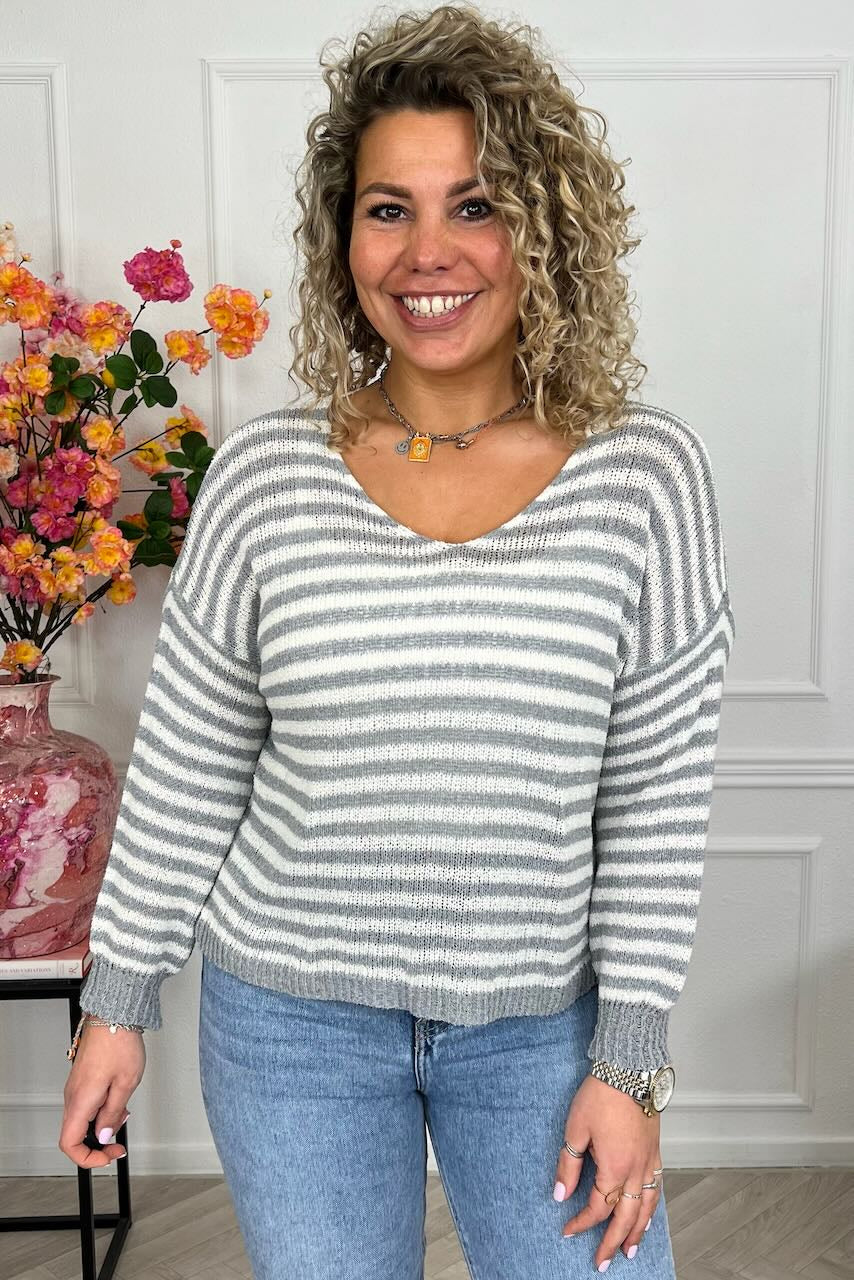 Belle Cotton Striped Sweater - Grey/Beige - Image 2