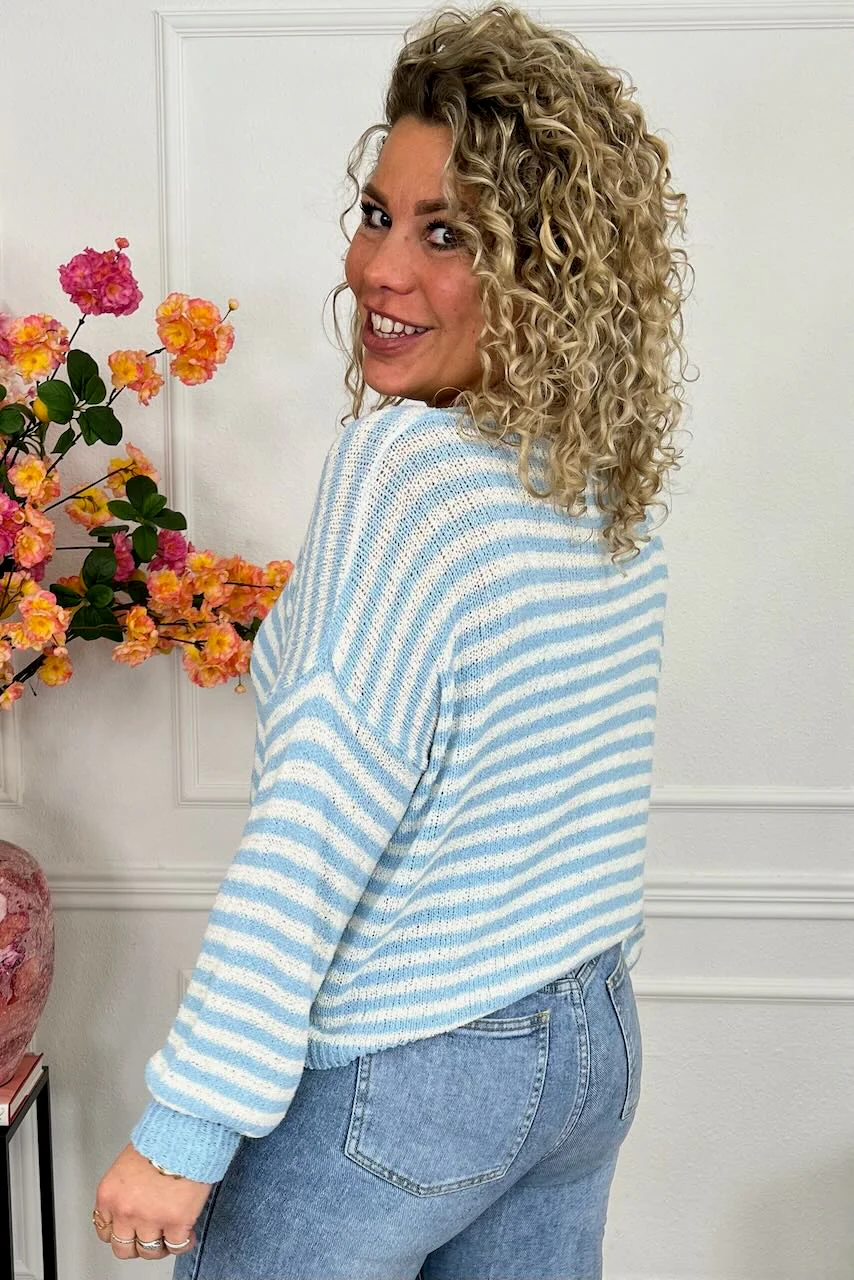 Belle Cotton Striped Sweater - Light Blue/Beige - Image 2