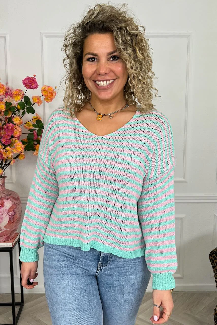 Belle Cotton Striped Sweater - Turquoise/Pink