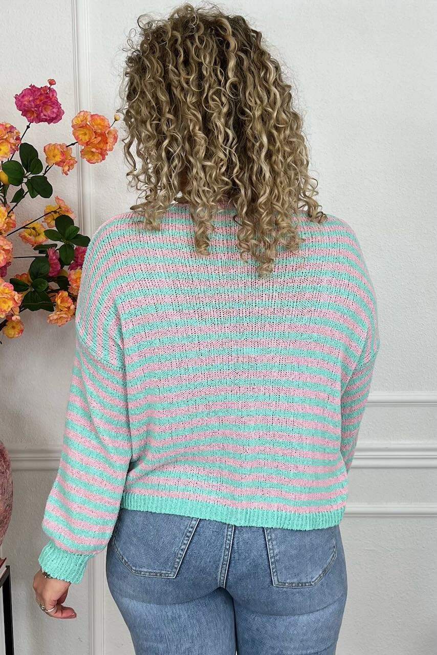Belle Cotton Striped Sweater - Turquoise/Pink - Image 3