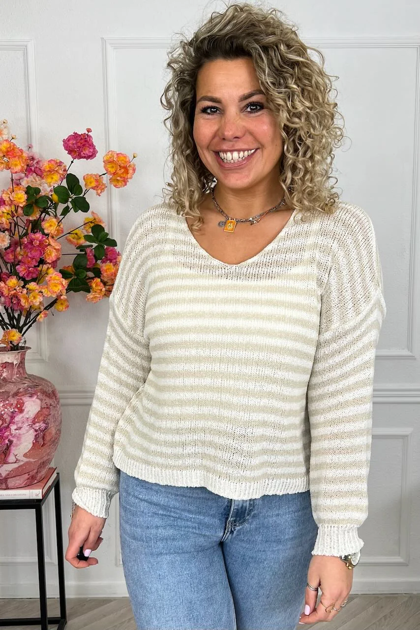 Belle Cotton Striped Sweater - Sand/Beige