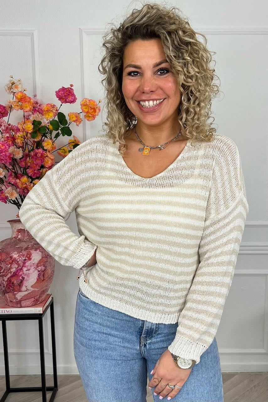 Belle Cotton Striped Sweater - Sand/Beige - Image 3