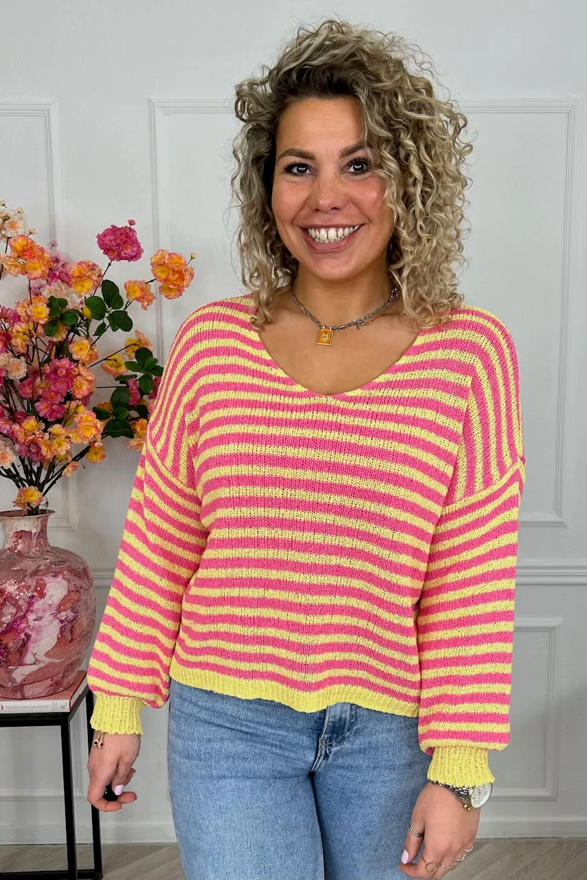 Belle Cotton Striped Sweater - Yellow/Fuchsia