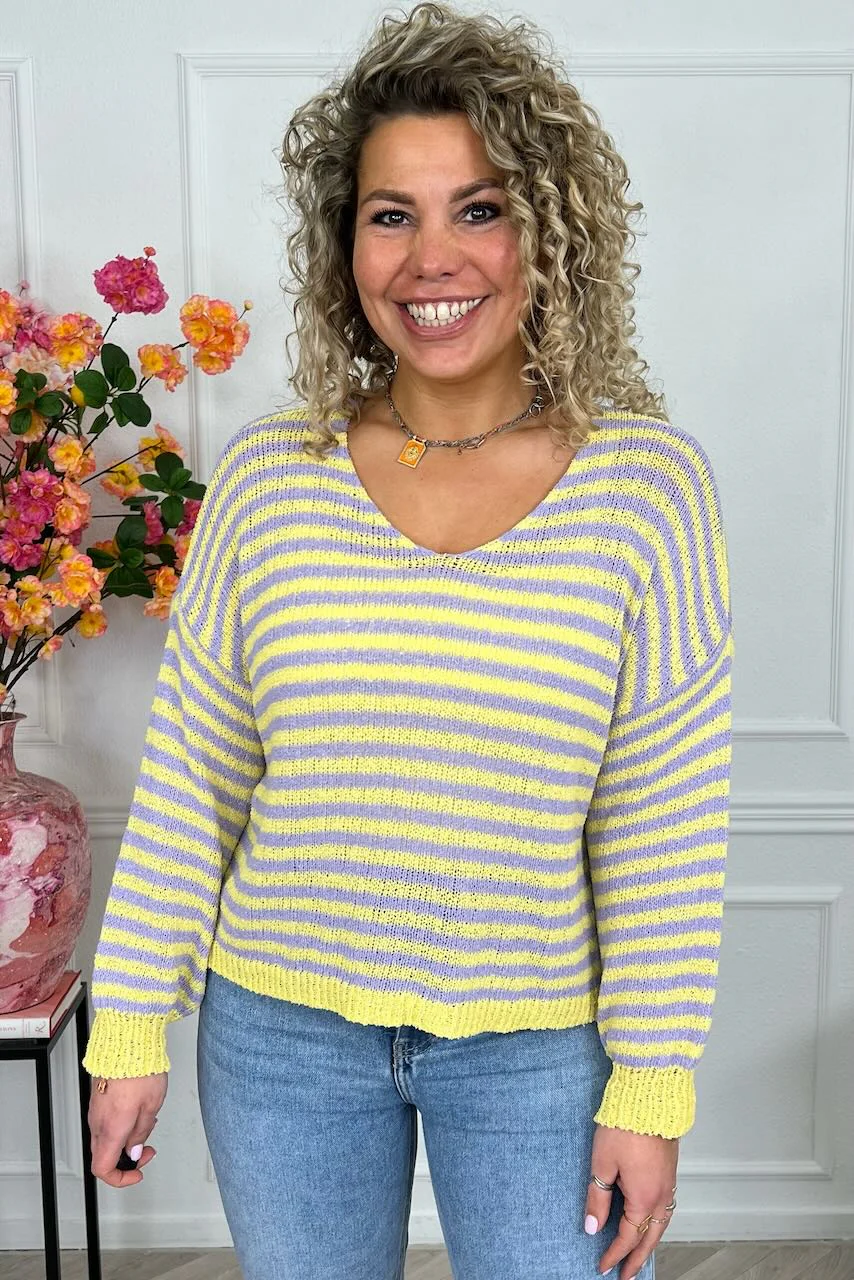 Belle Cotton Striped Sweater - Yellow/Lila - Image 3