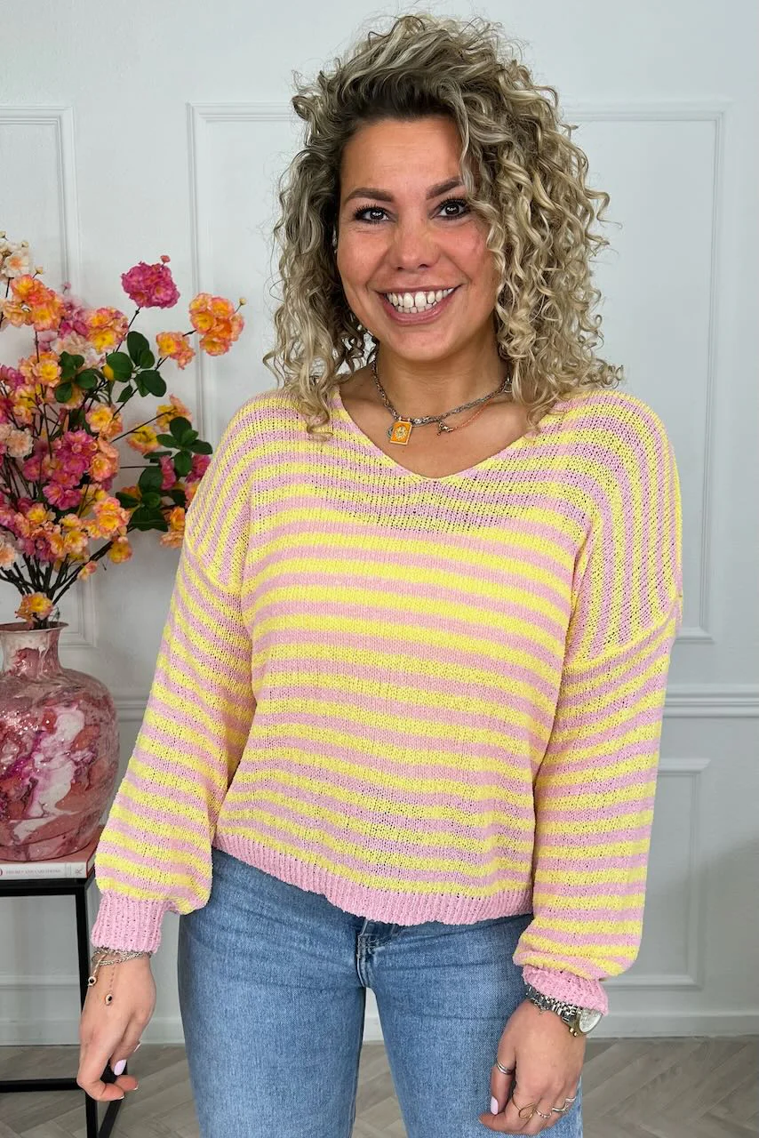 Belle Cotton Striped Sweater - Yellow/Pink - Image 3