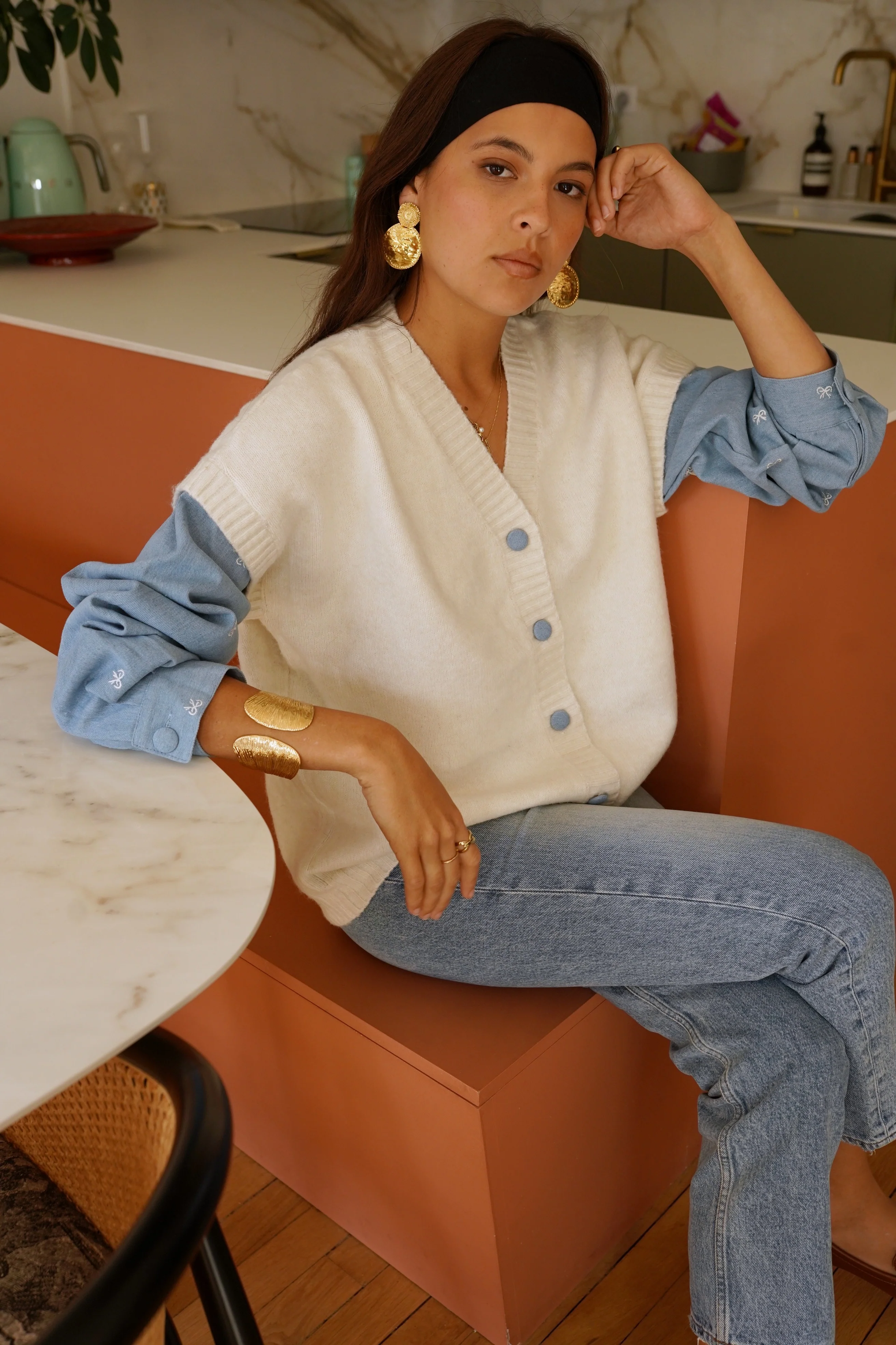 Bow Blouse Cardigan - White - Image 3
