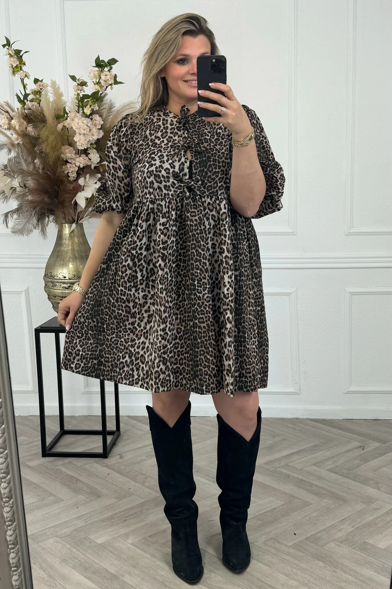 Bow Leopard Dress - Brown/Beige - Image 3