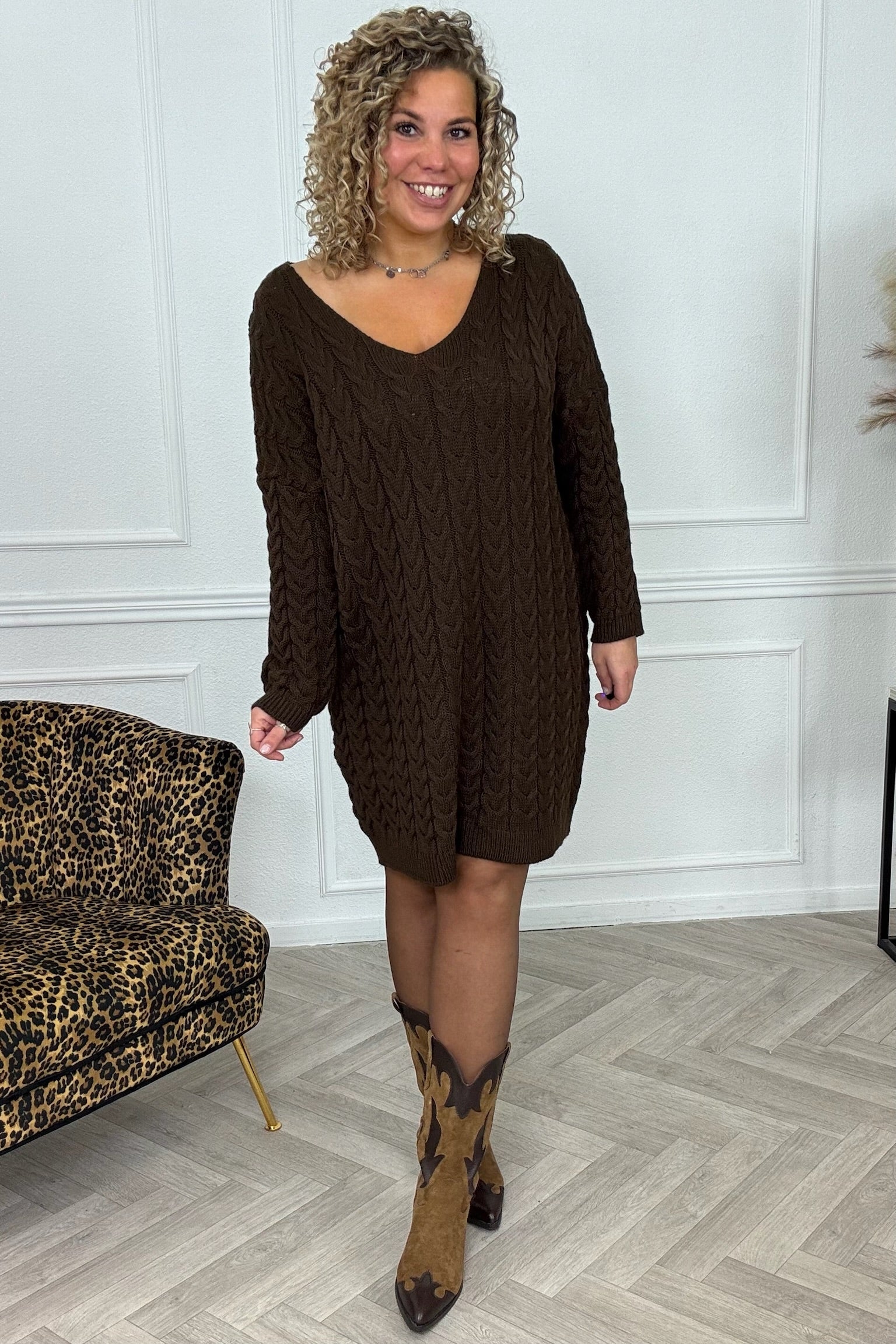 Braided Sweater Dress - Brown - Image 4