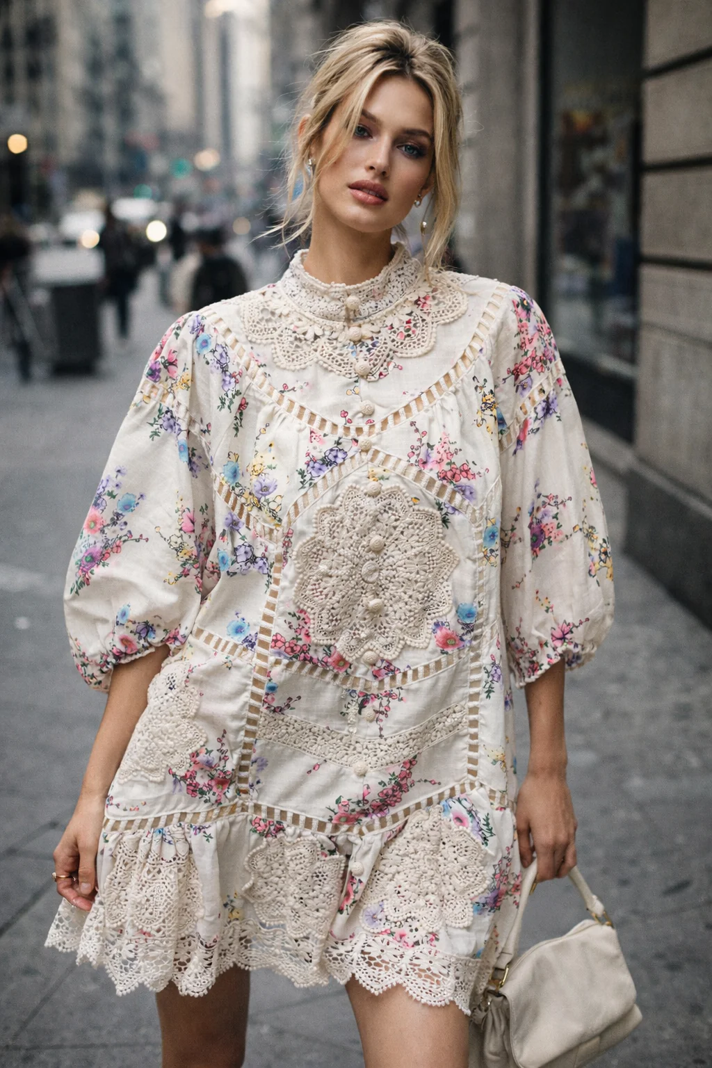 Broderie Flower Dress - White/Pink