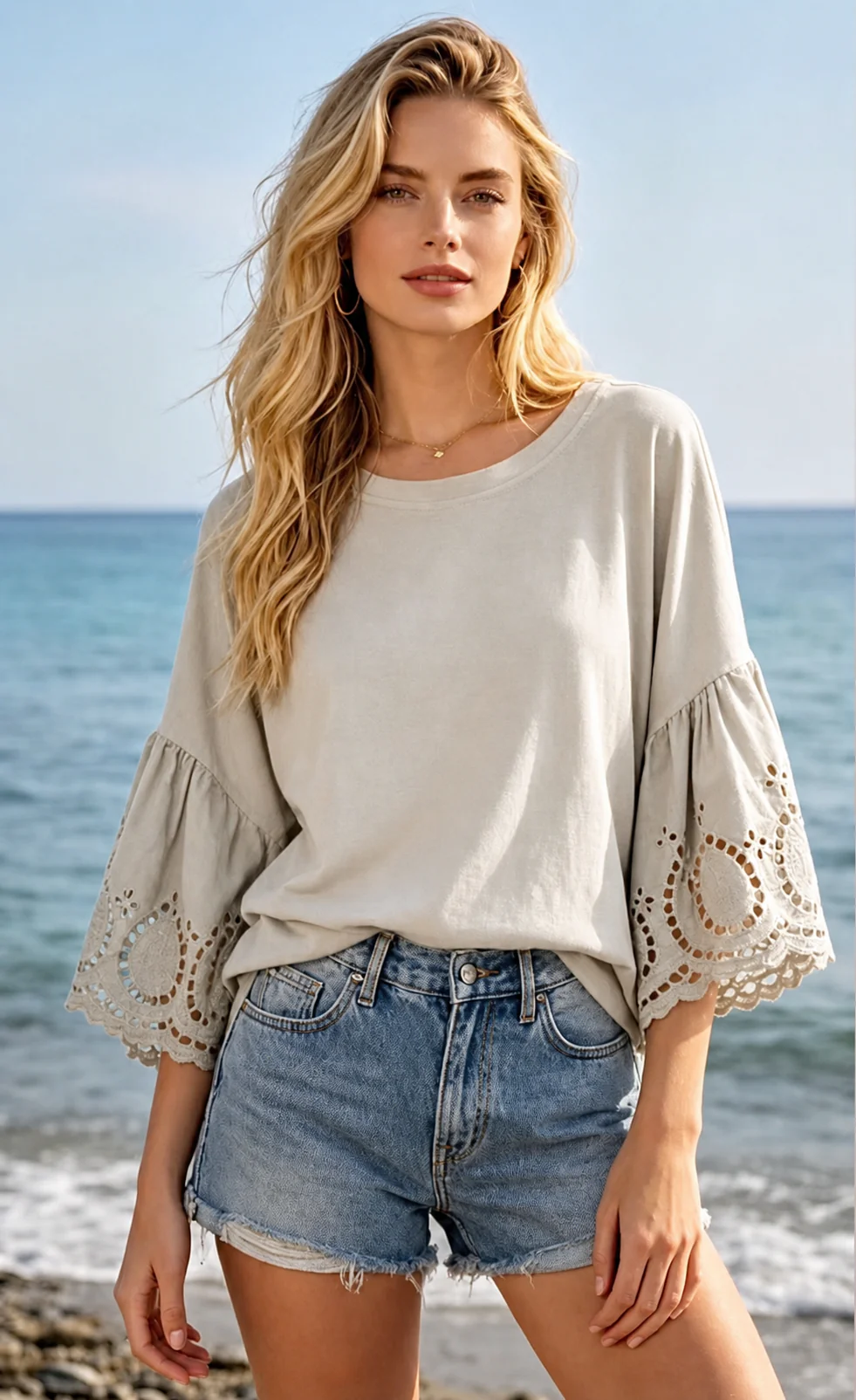 Broderie Sleeve Shirt - Beige