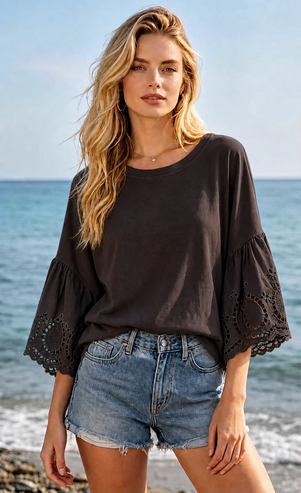 Broderie Sleeve Shirt - Brown