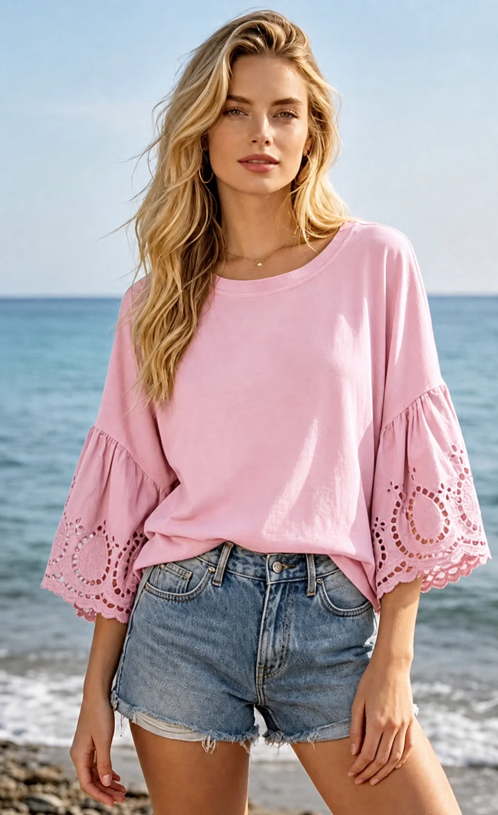 Broderie Sleeve Shirt - Light Pink