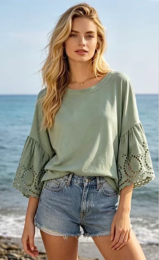 Broderie Sleeve Shirt - Sage