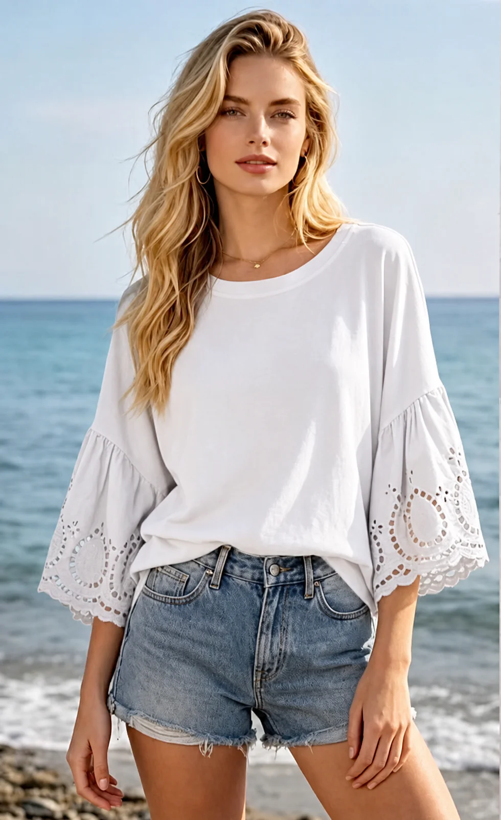 Broderie Sleeve Shirt - White