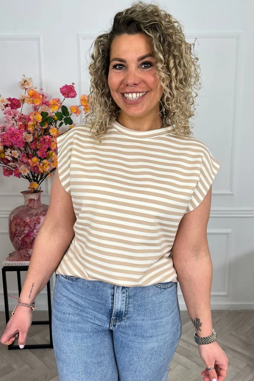 Cap Sleeve Striped Shirt - Beige/Taupe - Image 2