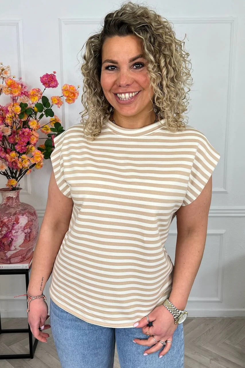 Cap Sleeve Striped Shirt - Beige/Taupe - Image 3