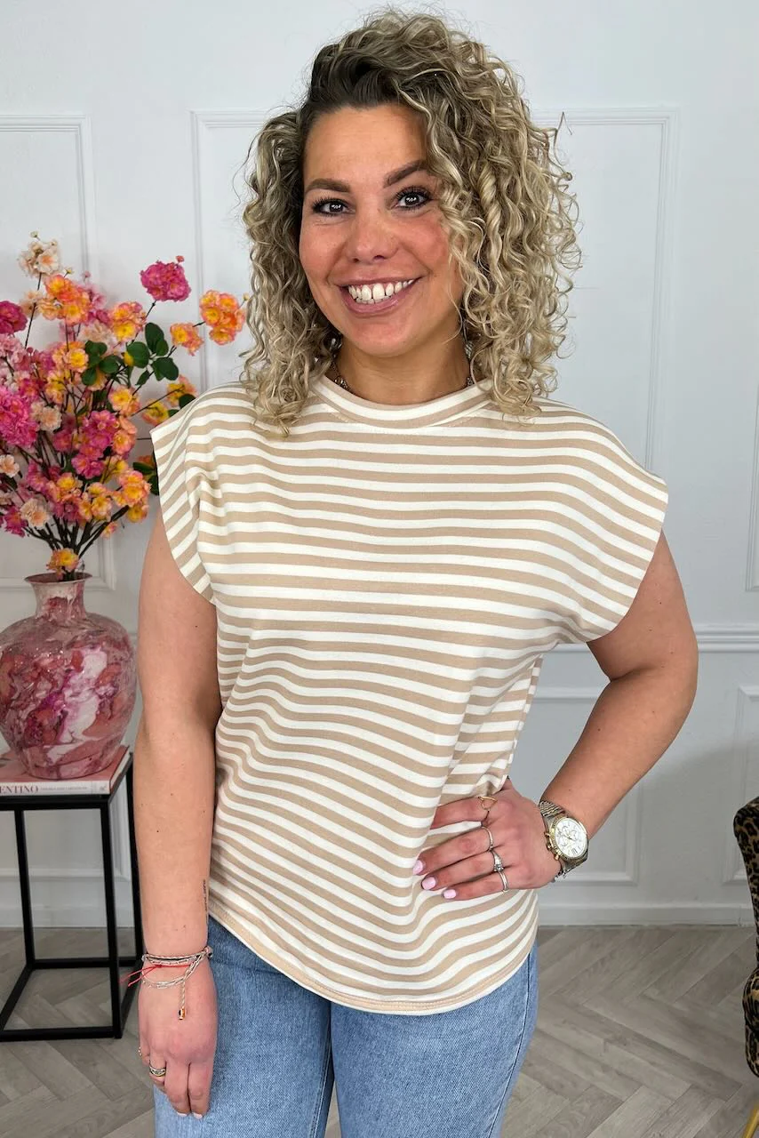 Cap Sleeve Striped Shirt - Beige/Taupe - Image 4