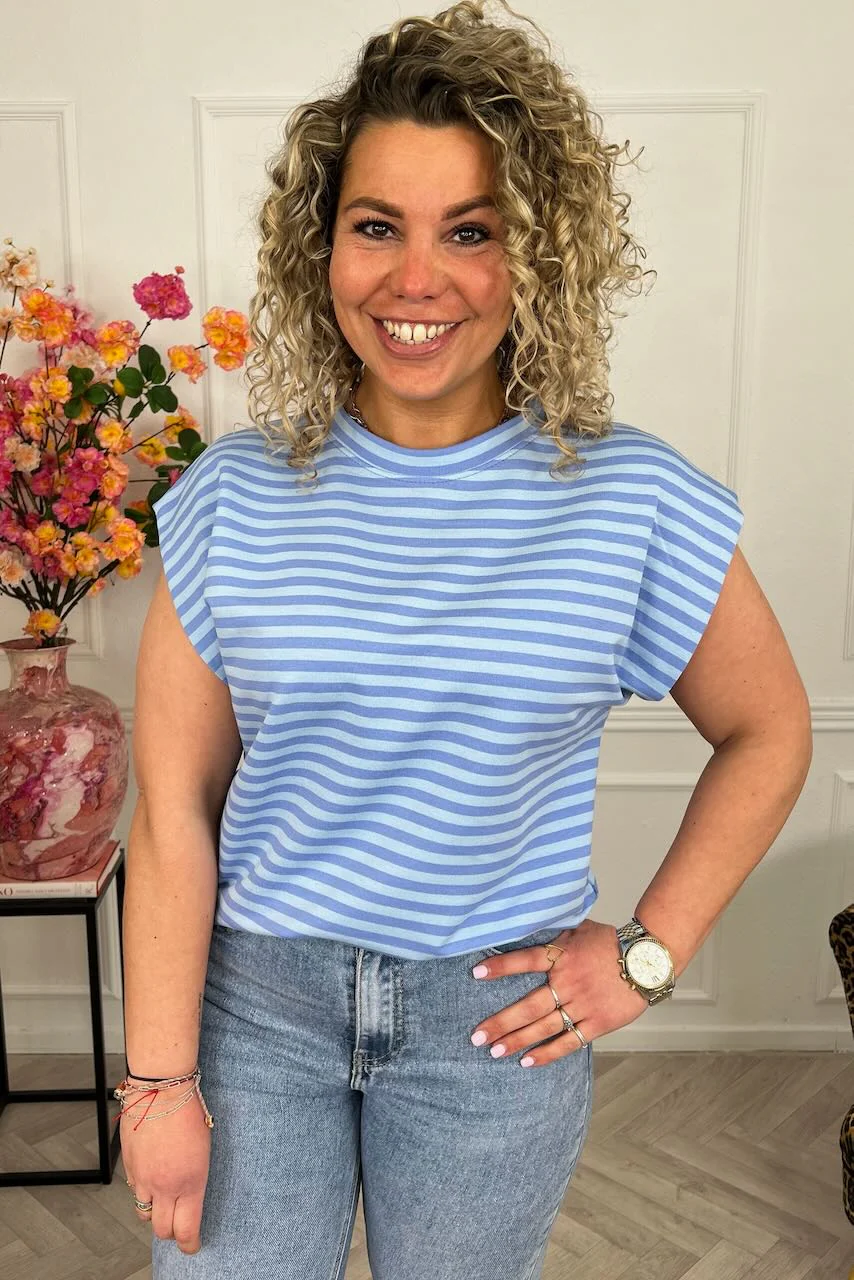 Cap Sleeve Striped Shirt - Blue/Light Blue - Image 2