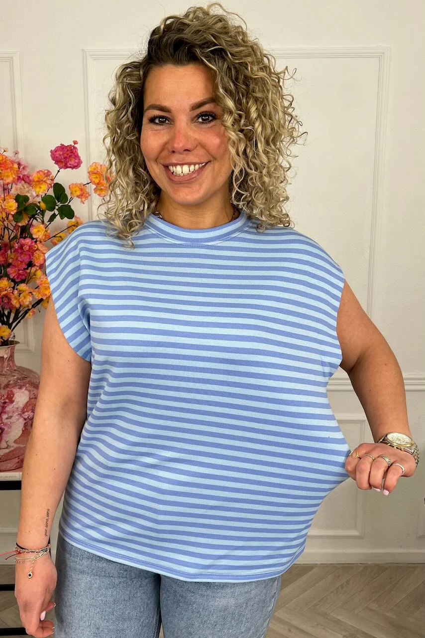 Cap Sleeve Striped Shirt - Blue/Light Blue - Image 3