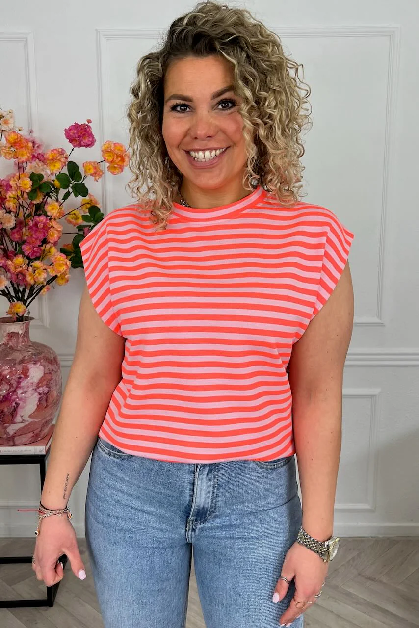 Cap Sleeve Striped Shirt - Coral/Light Pink