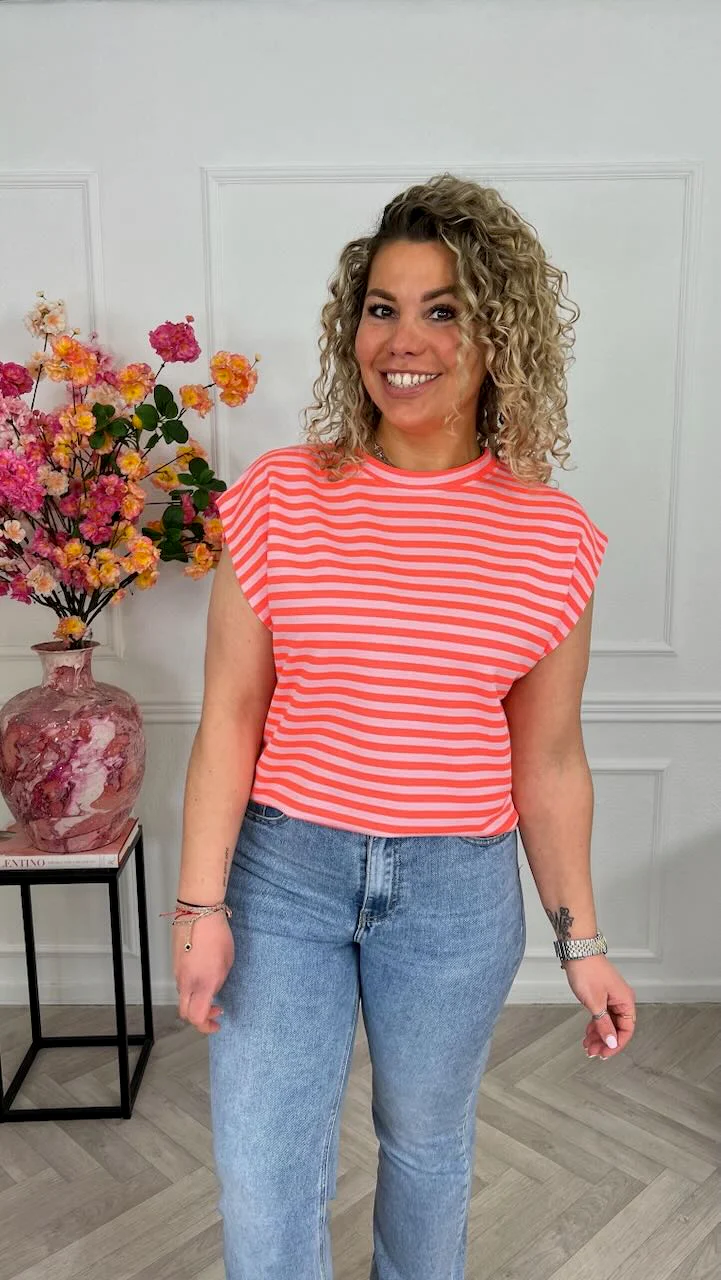 Cap Sleeve Striped Shirt - Coral/Light Pink - Image 2