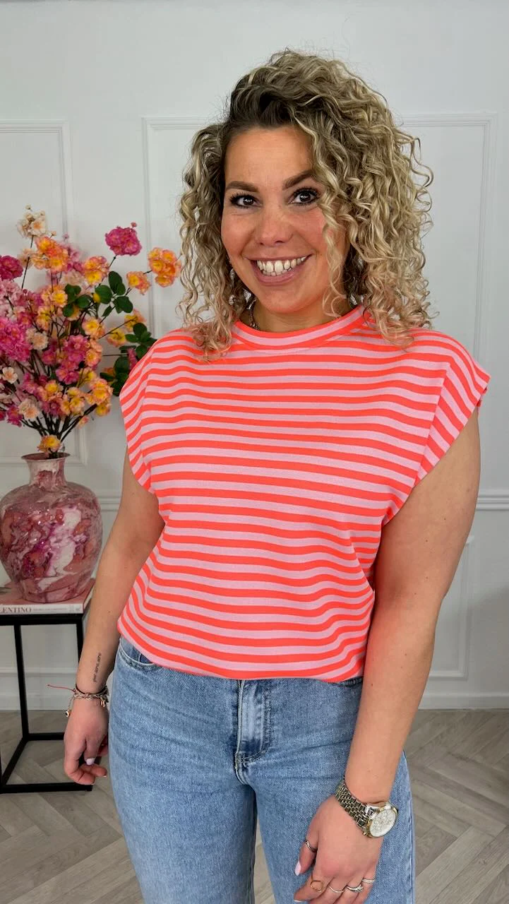 Cap Sleeve Striped Shirt - Coral/Light Pink - Image 3