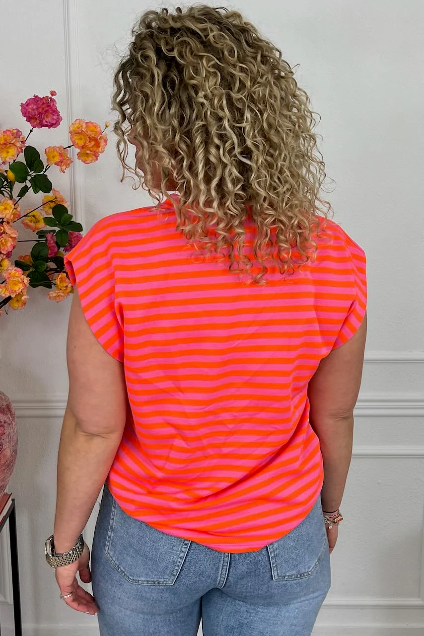 Cap Sleeve Striped Shirt - Fuchsia/Orange - Image 2