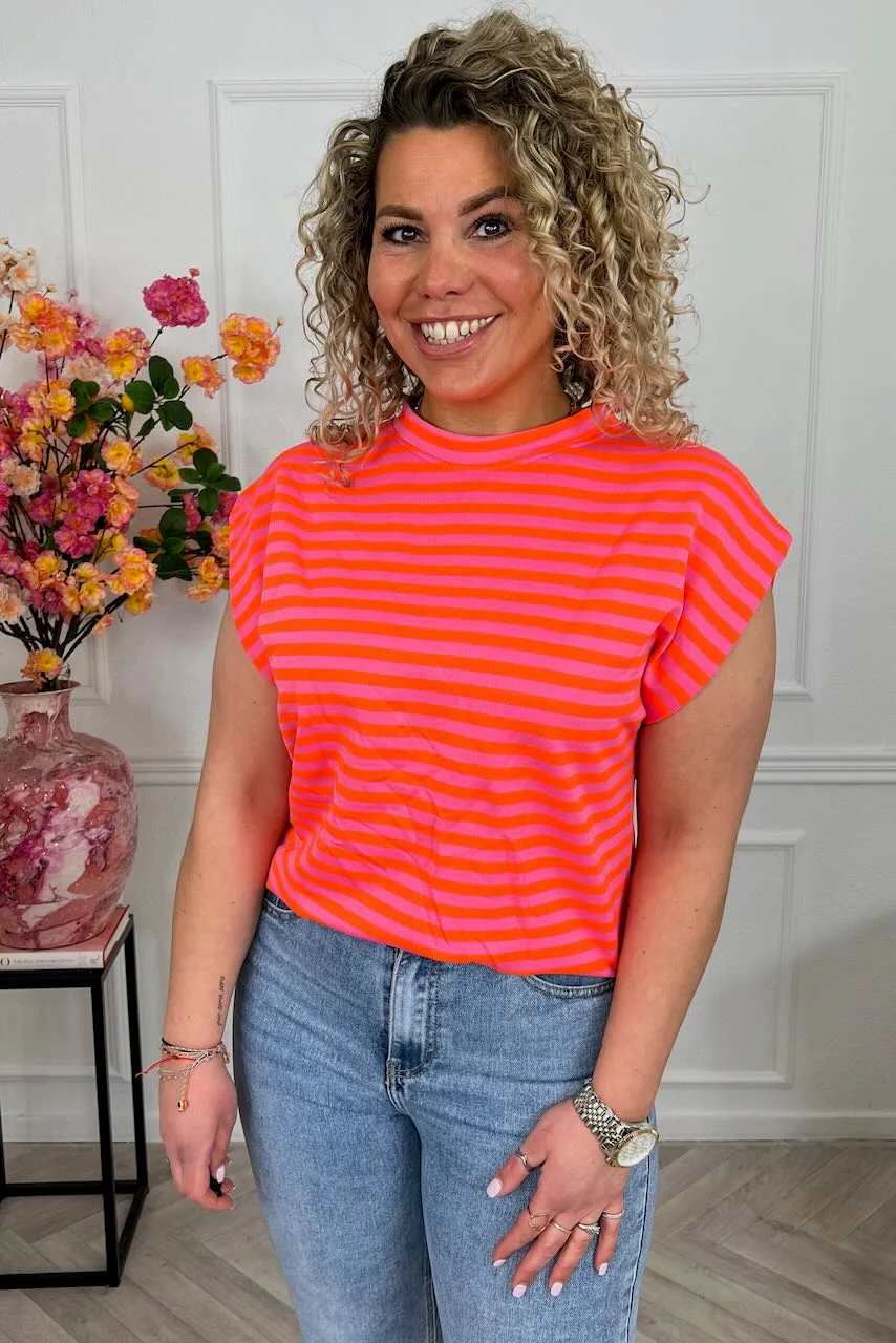 Cap Sleeve Striped Shirt - Fuchsia/Orange - Image 3