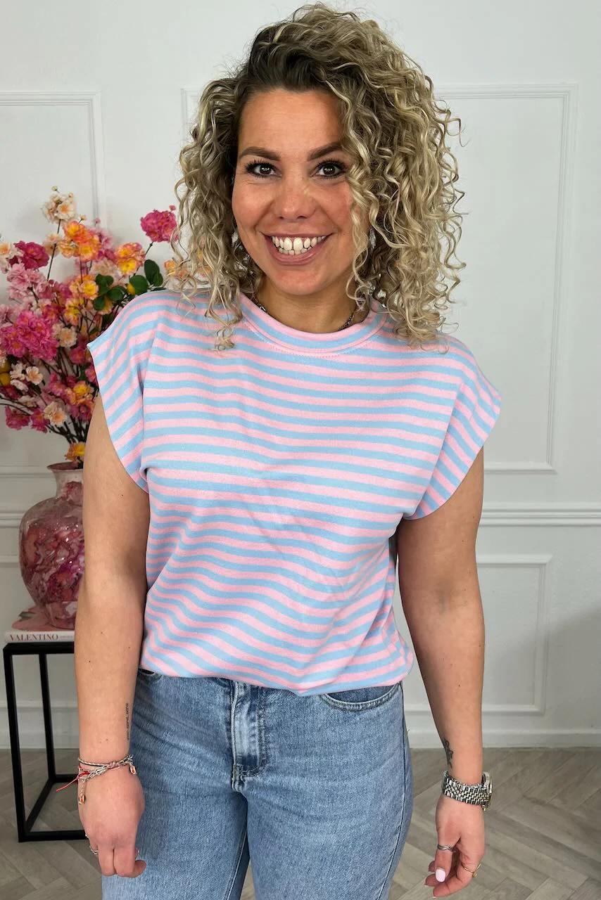 Cap Sleeve Striped Shirt - Light Blue/Light Pink