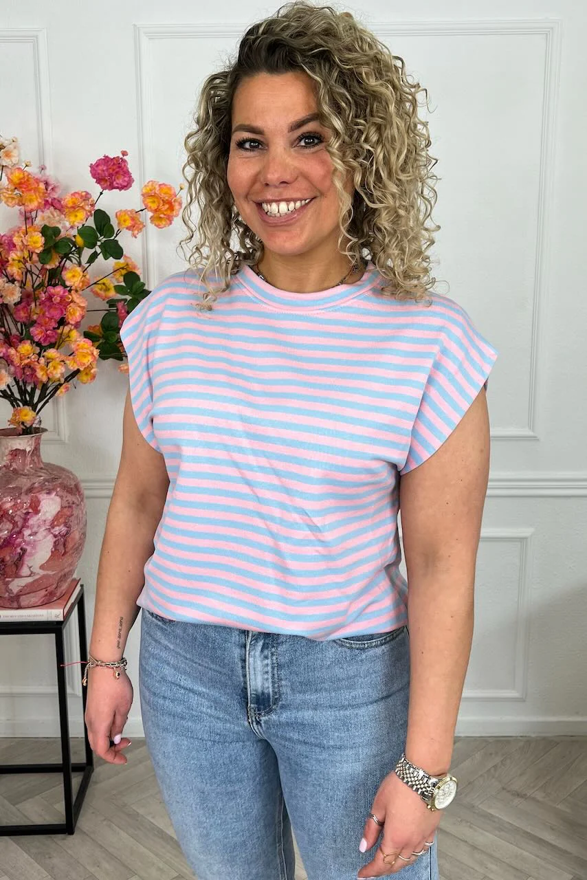 Cap Sleeve Striped Shirt - Light Blue/Light Pink - Image 2